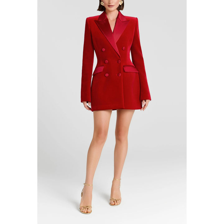 solovedress Women’s Red Velvet Blazer – Double-Breasted, Satin Lapel