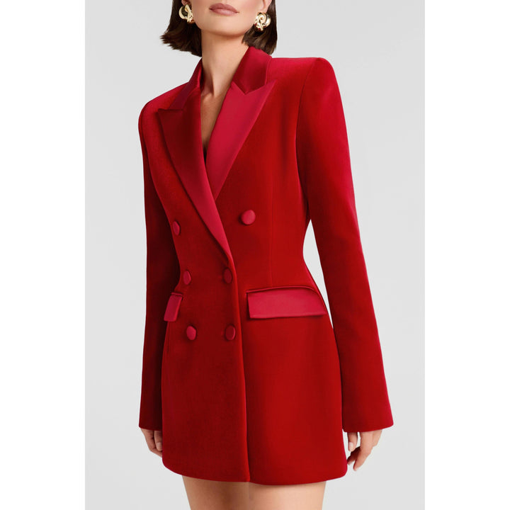 solovedress Women’s Red Velvet Blazer – Double-Breasted, Satin Lapel