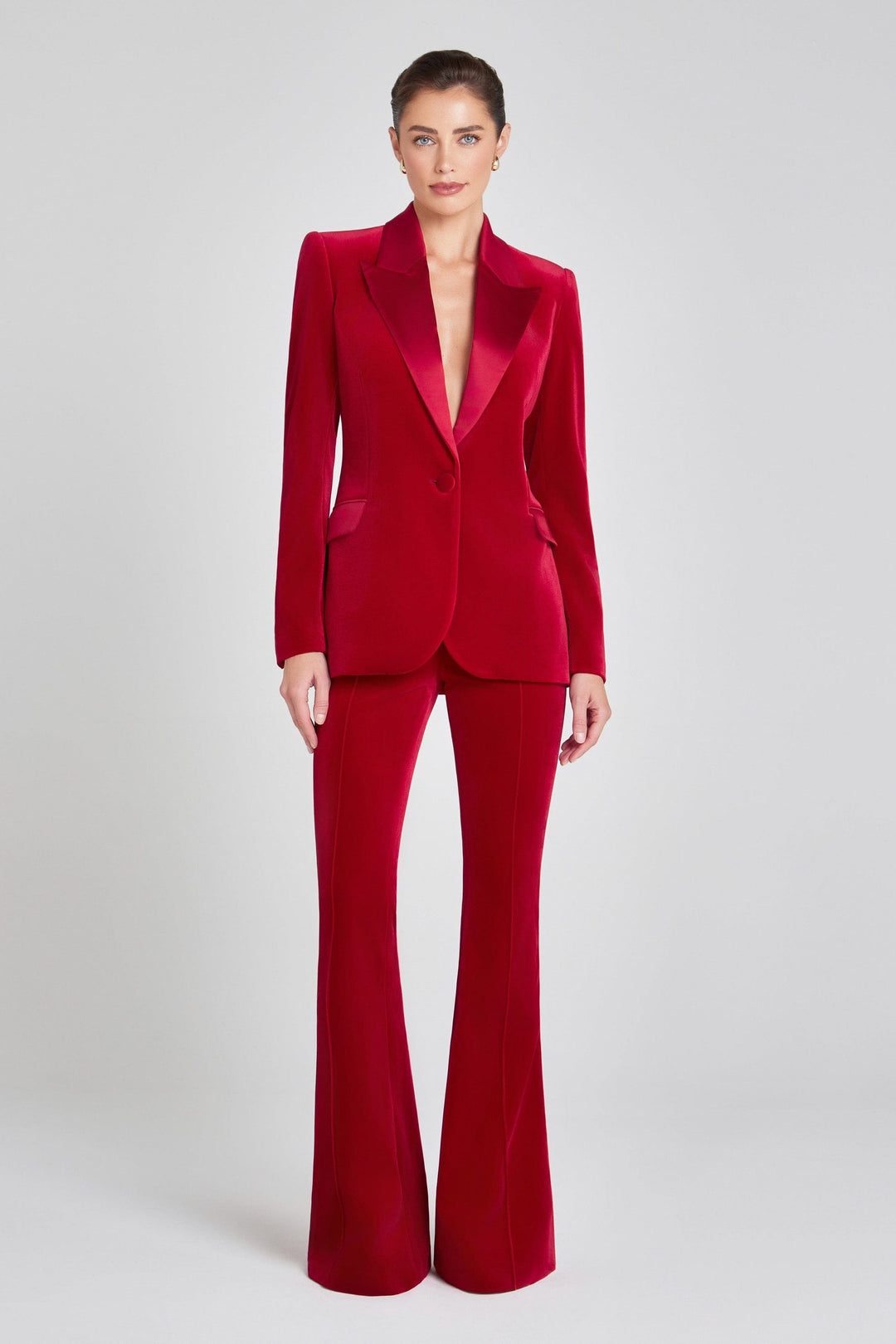 solovedress Women's Red Velvet Satin Peak Lapel Suit (Blazer+Pants)