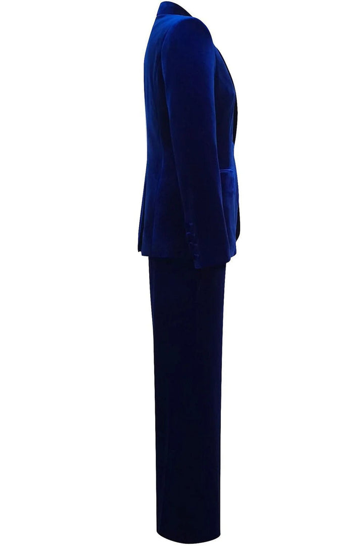 solovedress Women’s Royal Blue Velvet Two-Piece Suit – Notch Lapel Blazer and Pants