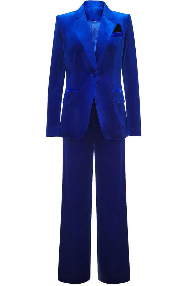 solovedress Women’s Royal Blue Velvet Two-Piece Suit – Notch Lapel Blazer and Pants