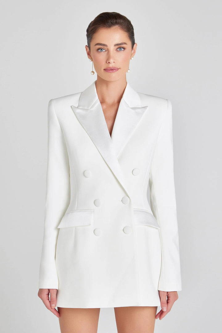solovedress Women’s White Double Breasted Suit Set – Satin Lapel Blazer & Pants