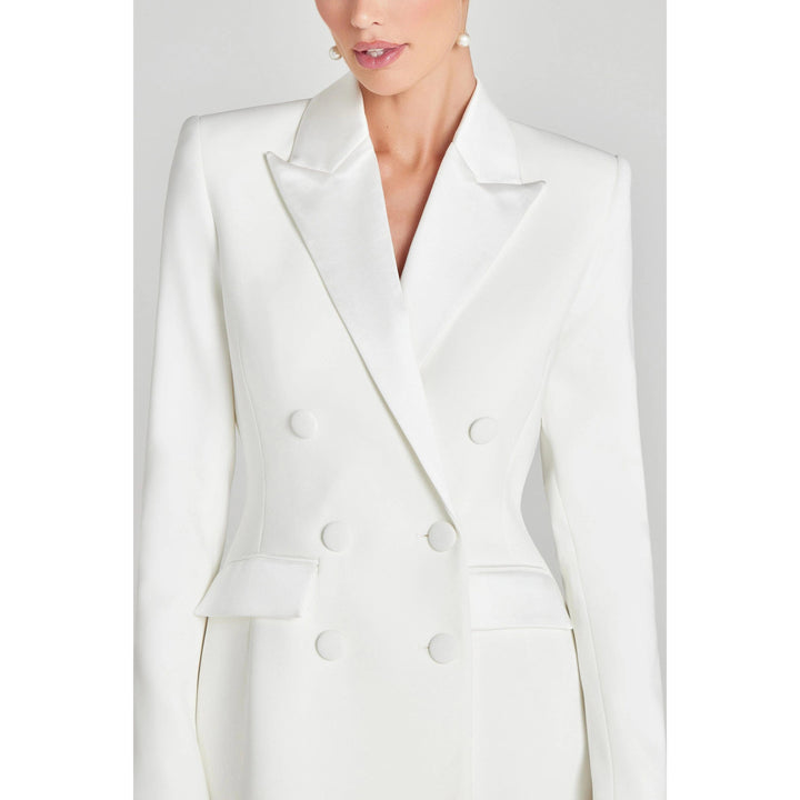 solovedress Women’s White Double Breasted Suit Set – Satin Lapel Blazer & Pants