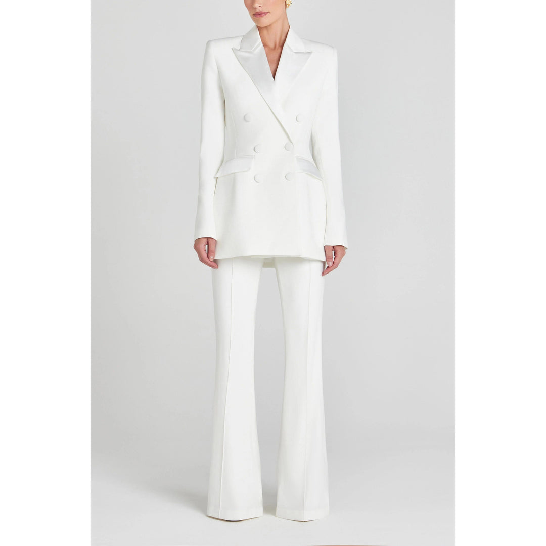solovedress Women’s White Double Breasted Suit Set – Satin Lapel Blazer & Pants