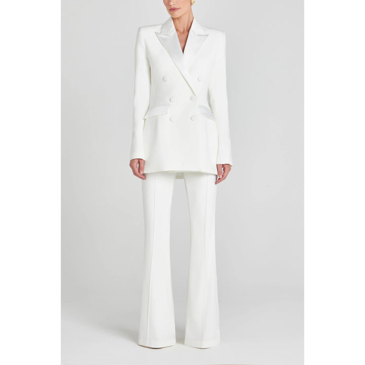 solovedress Women’s White Double Breasted Suit Set – Satin Lapel Blazer & Pants