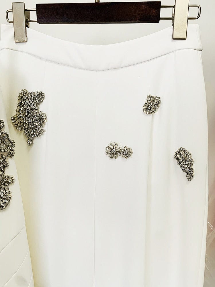 solovedress Women’s White Rhinestone Blazer Pants Suit – Elegant Two-Piece