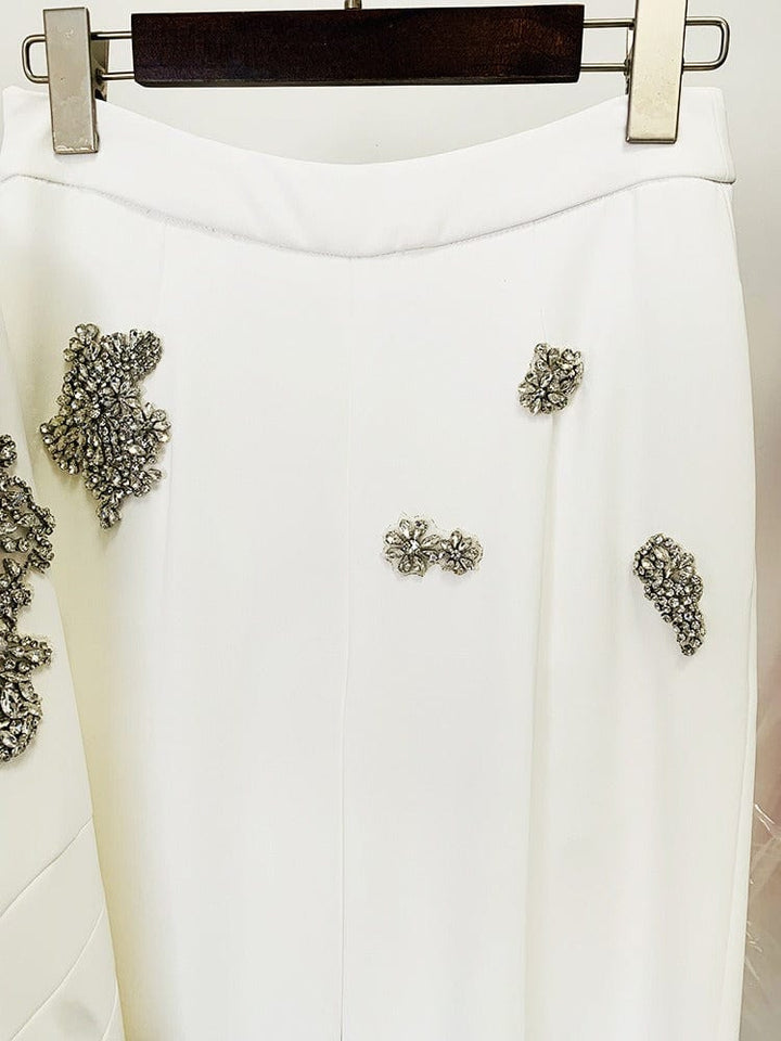 solovedress Women’s White Rhinestone Blazer Pants Suit – Elegant Two-Piece