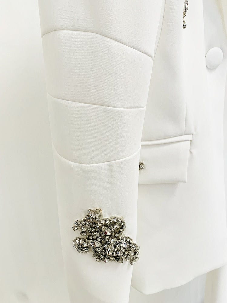 solovedress Women’s White Rhinestone Blazer Pants Suit – Elegant Two-Piece