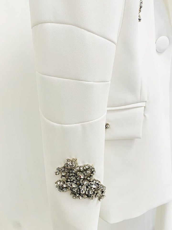 solovedress Women’s White Rhinestone Blazer Pants Suit – Elegant Two-Piece