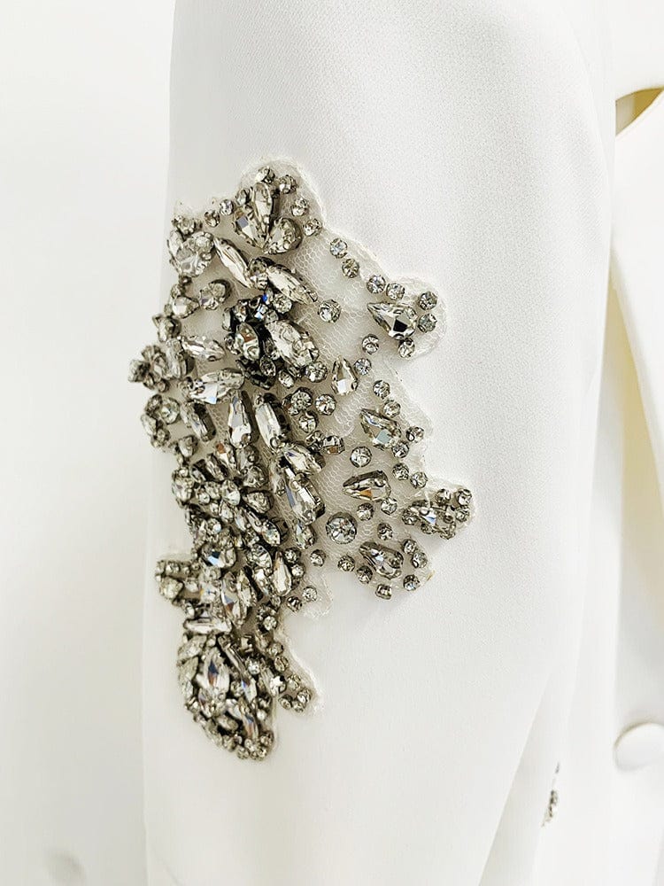solovedress Women’s White Rhinestone Blazer Pants Suit – Elegant Two-Piece