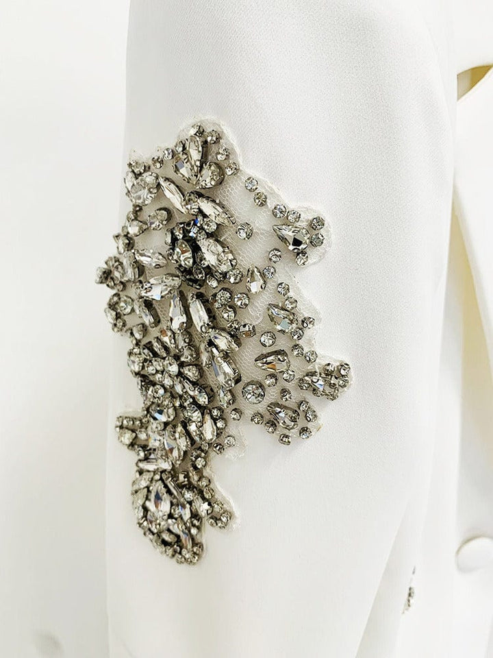 solovedress Women’s White Rhinestone Blazer Pants Suit – Elegant Two-Piece
