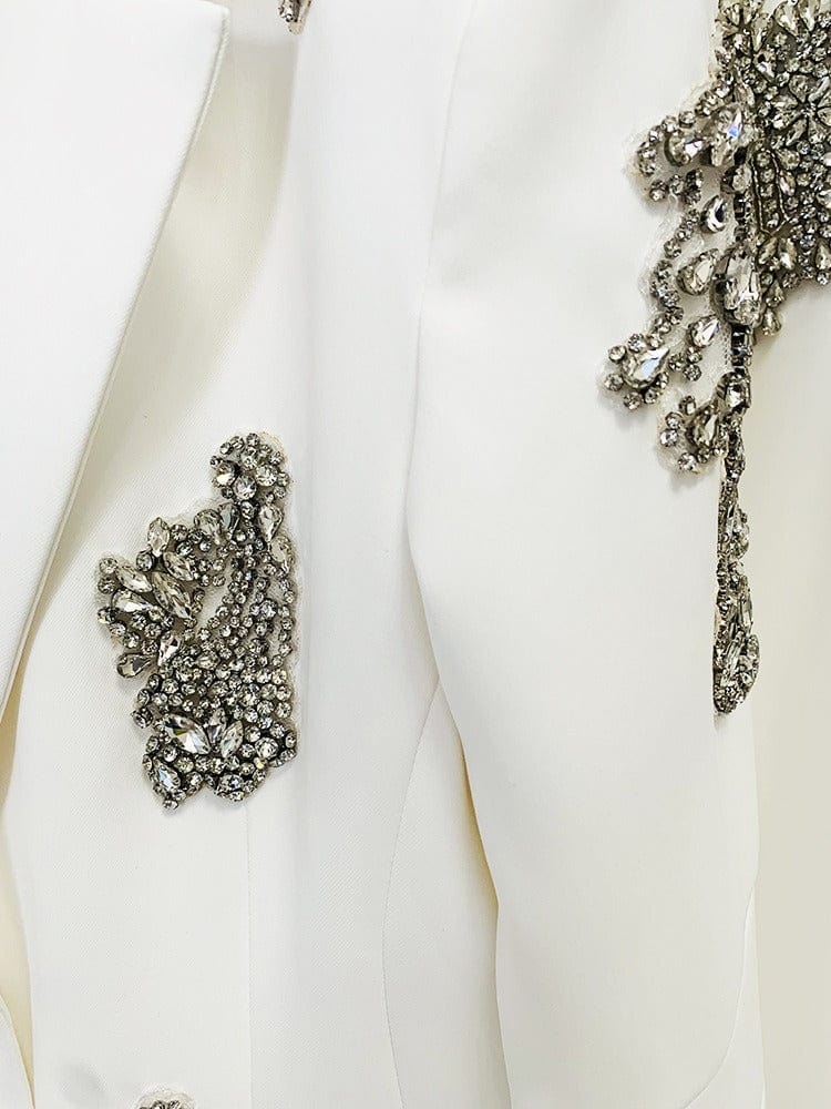 solovedress Women’s White Rhinestone Blazer Pants Suit – Elegant Two-Piece