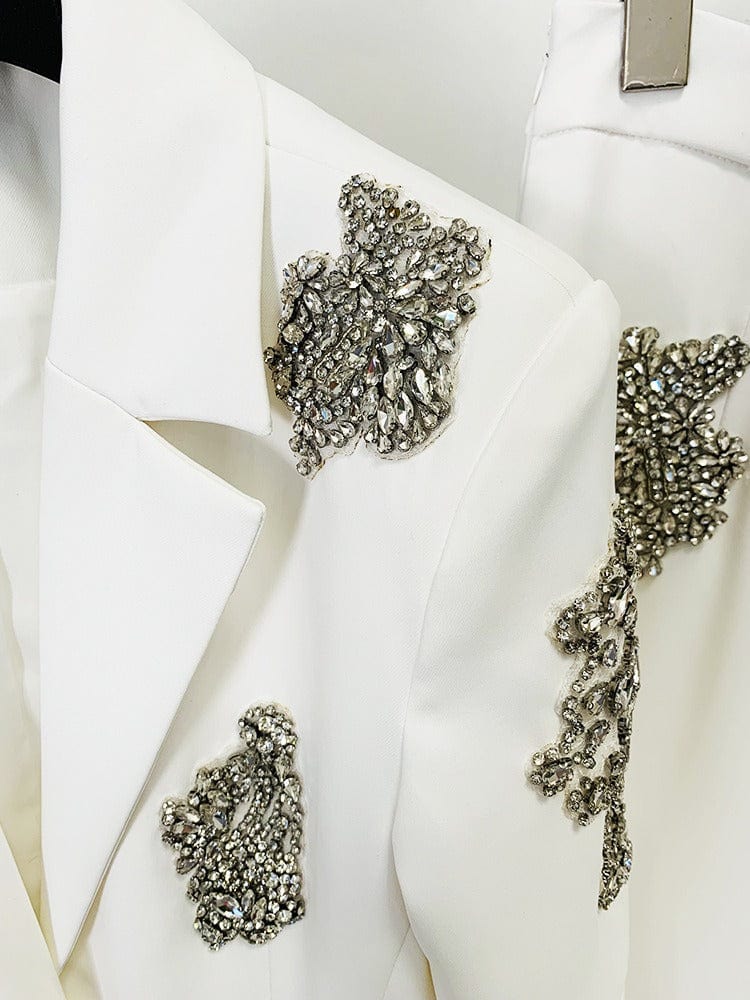 solovedress Women’s White Rhinestone Blazer Pants Suit – Elegant Two-Piece