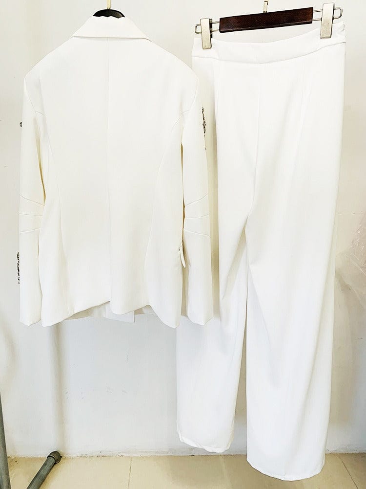 solovedress Women’s White Rhinestone Blazer Pants Suit – Elegant Two-Piece