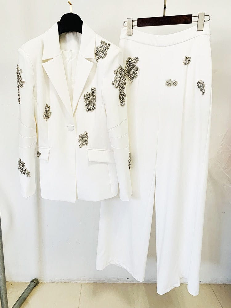 solovedress Women’s White Rhinestone Blazer Pants Suit – Elegant Two-Piece