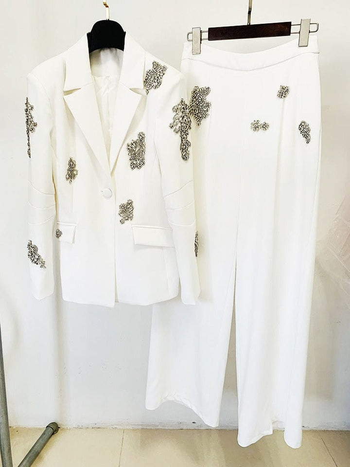 solovedress Women’s White Rhinestone Blazer Pants Suit – Elegant Two-Piece