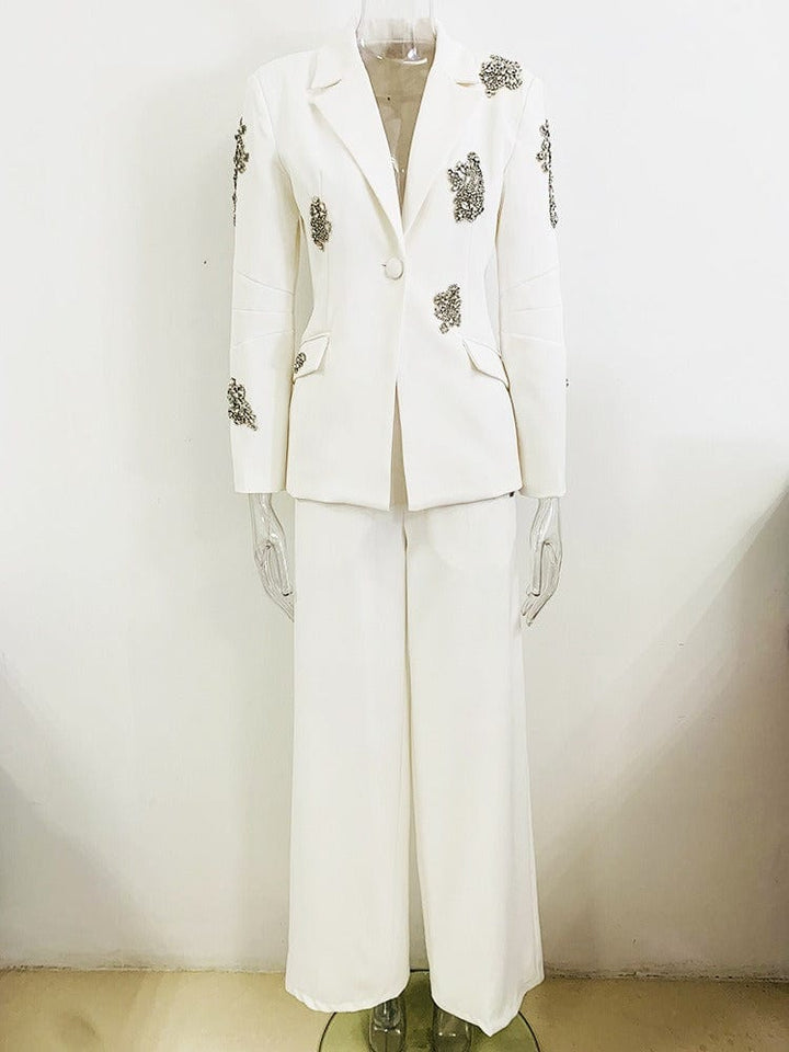 solovedress Women’s White Rhinestone Blazer Pants Suit – Elegant Two-Piece