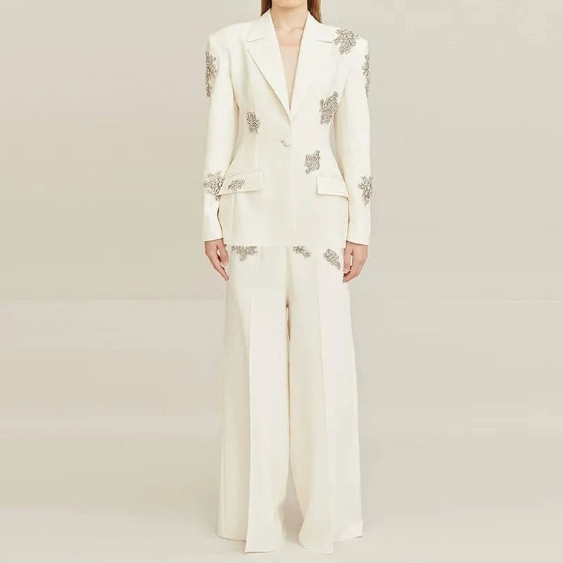 solovedress Women’s White Rhinestone Blazer Pants Suit – Elegant Two-Piece