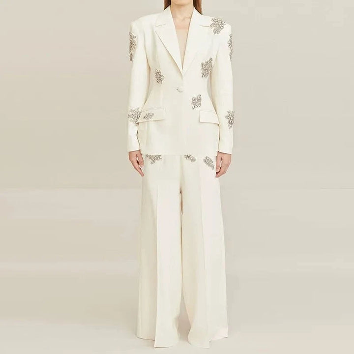solovedress Women’s White Rhinestone Blazer Pants Suit – Elegant Two-Piece