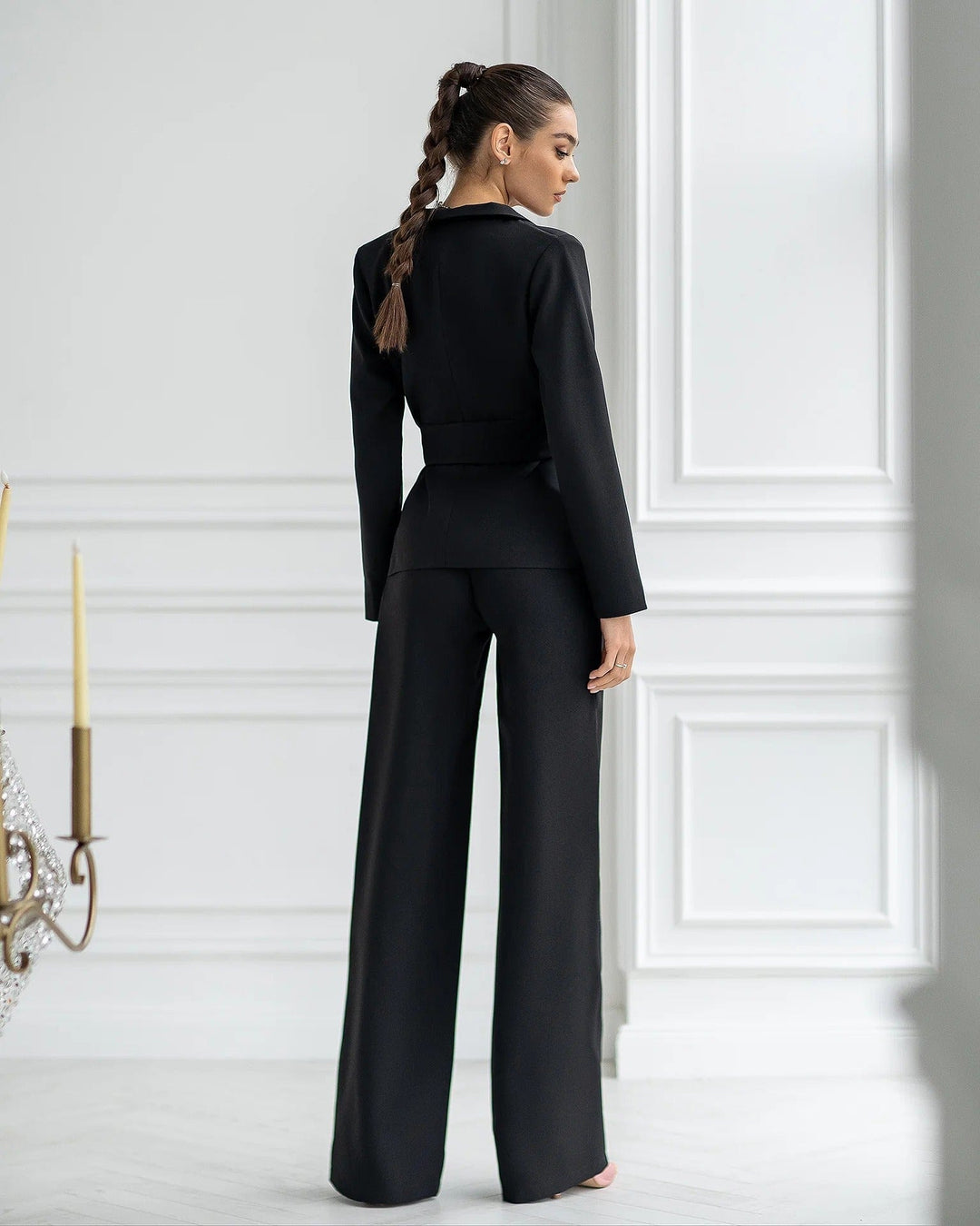 solovedress Womens Black 3 Piece Suit with Belt Blazer Tube Top and Pants