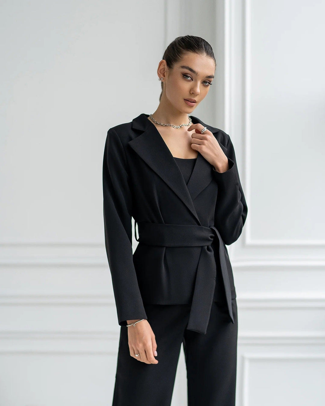 solovedress Womens Black 3 Piece Suit with Belt Blazer Tube Top and Pants