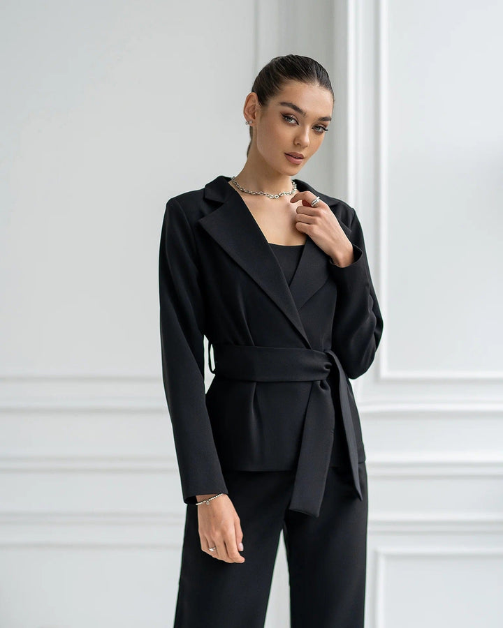 solovedress Womens Black 3 Piece Suit with Belt Blazer Tube Top and Pants