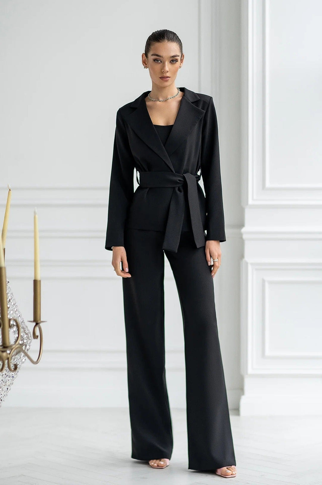 solovedress Womens Black 3 Piece Suit with Belt Blazer Tube Top and Pants