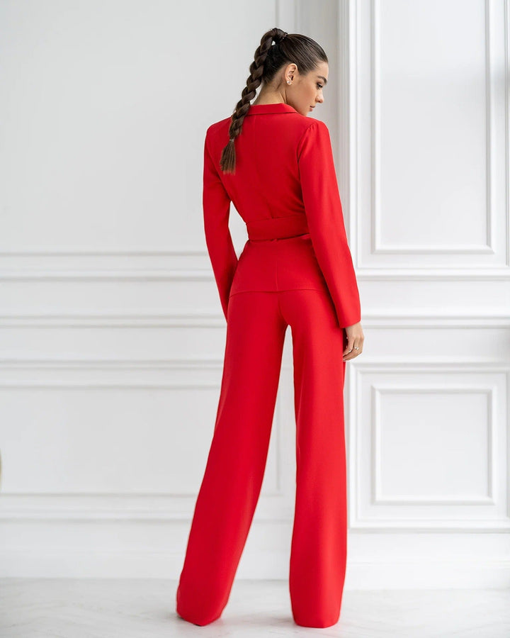 solovedress Womens Red 3 Piece Suit with Belt Blazer Tube Top and Pants