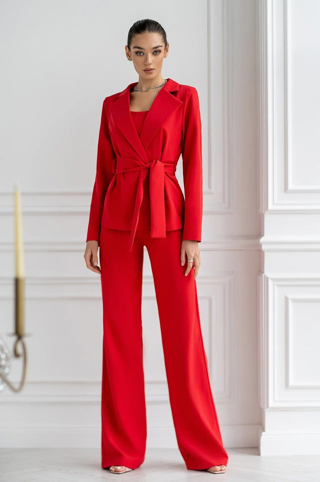 solovedress Womens Red 3 Piece Suit with Belt Blazer Tube Top and Pants