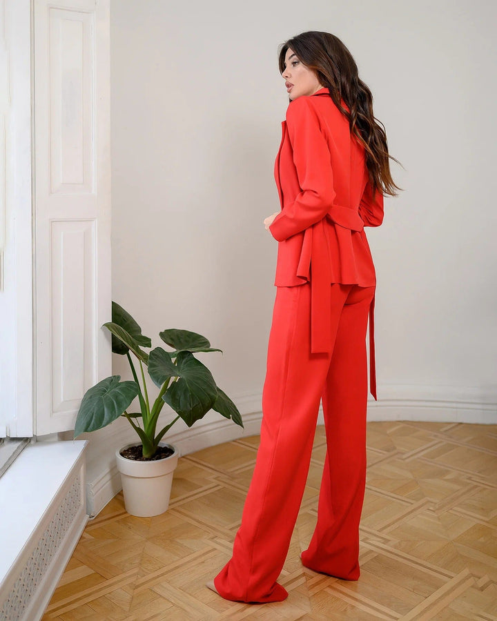 solovedress Womens Red 3 Piece Suit with Belt Blazer Tube Top and Pants