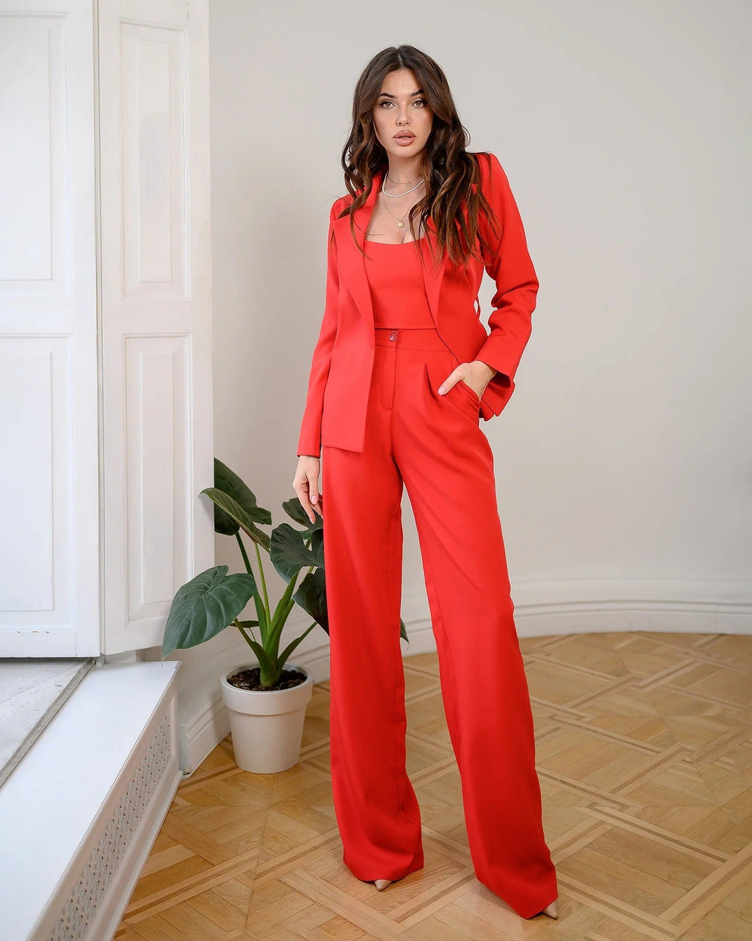 solovedress Womens Red 3 Piece Suit with Belt Blazer Tube Top and Pants