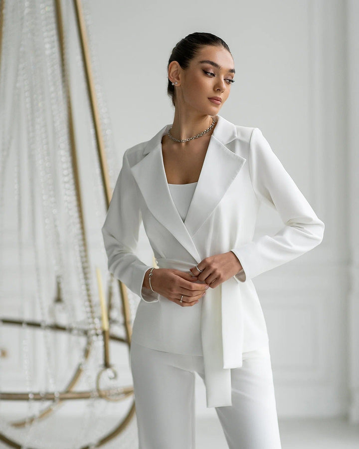 solovedress Womens White 3 Piece Suit with Belt Blazer Tube Top and Pants