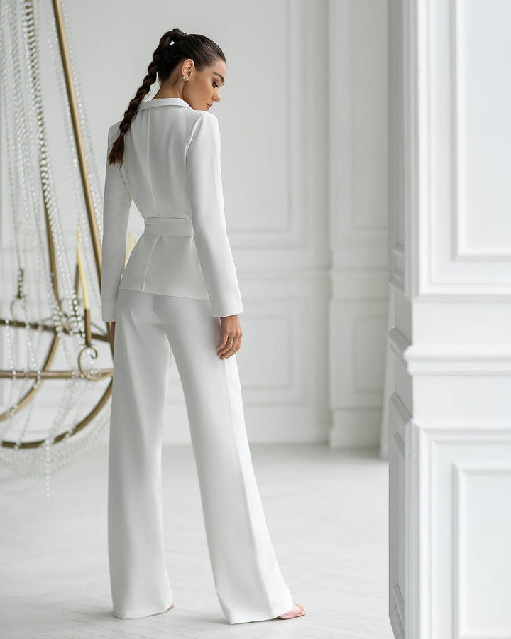 solovedress Womens White 3 Piece Suit with Belt Blazer Tube Top and Pants