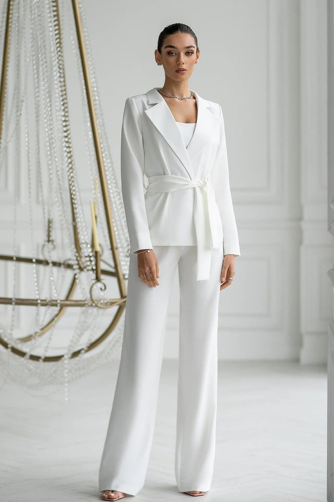 solovedress Womens White 3 Piece Suit with Belt Blazer Tube Top and Pants