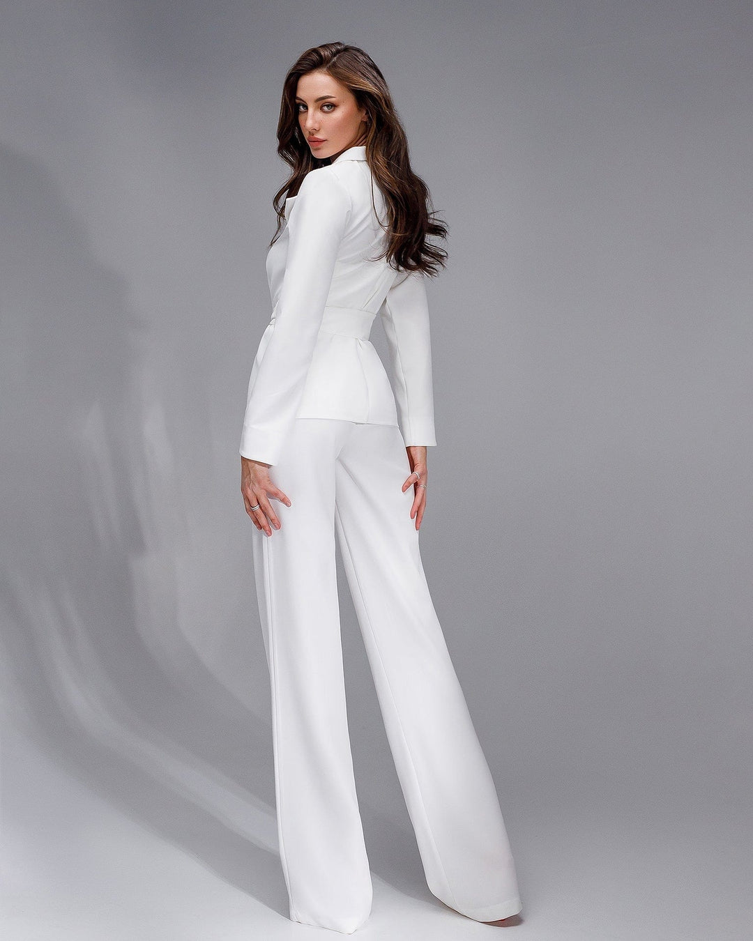 solovedress Womens White 3 Piece Suit with Belt Blazer Tube Top and Pants