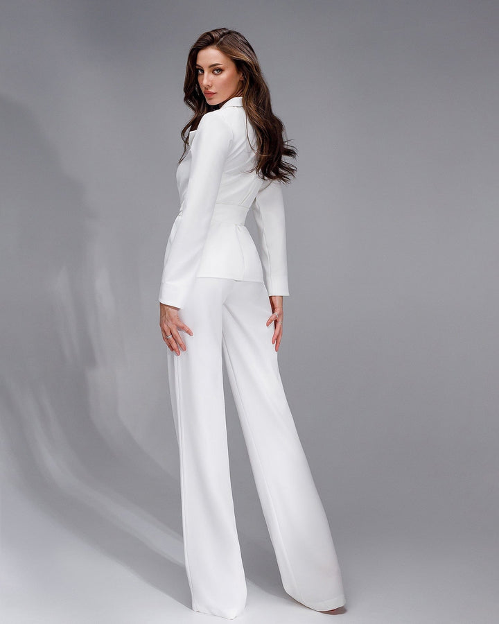 solovedress Womens White 3 Piece Suit with Belt Blazer Tube Top and Pants