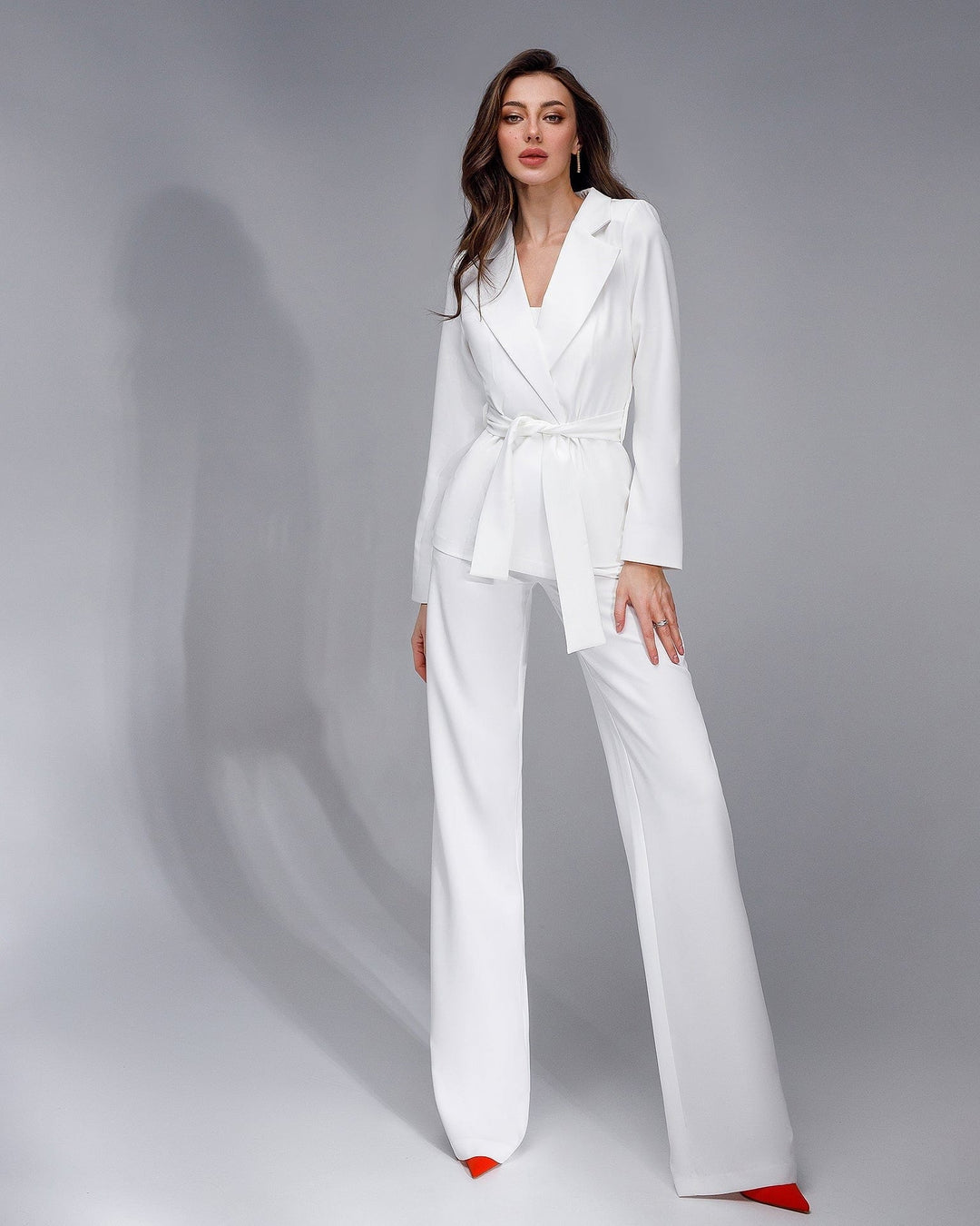 solovedress Womens White 3 Piece Suit with Belt Blazer Tube Top and Pants