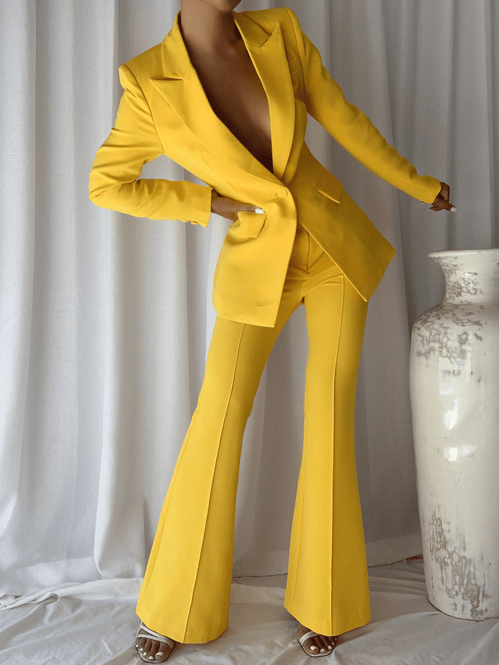 solovedress Yellow 2 Piece Peak Lapel Single Breasted Slim Fit Women's Suit