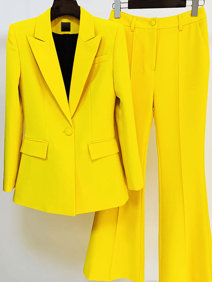 solovedress Yellow 2 Piece Peak Lapel Single Breasted Slim Fit Women's Suit